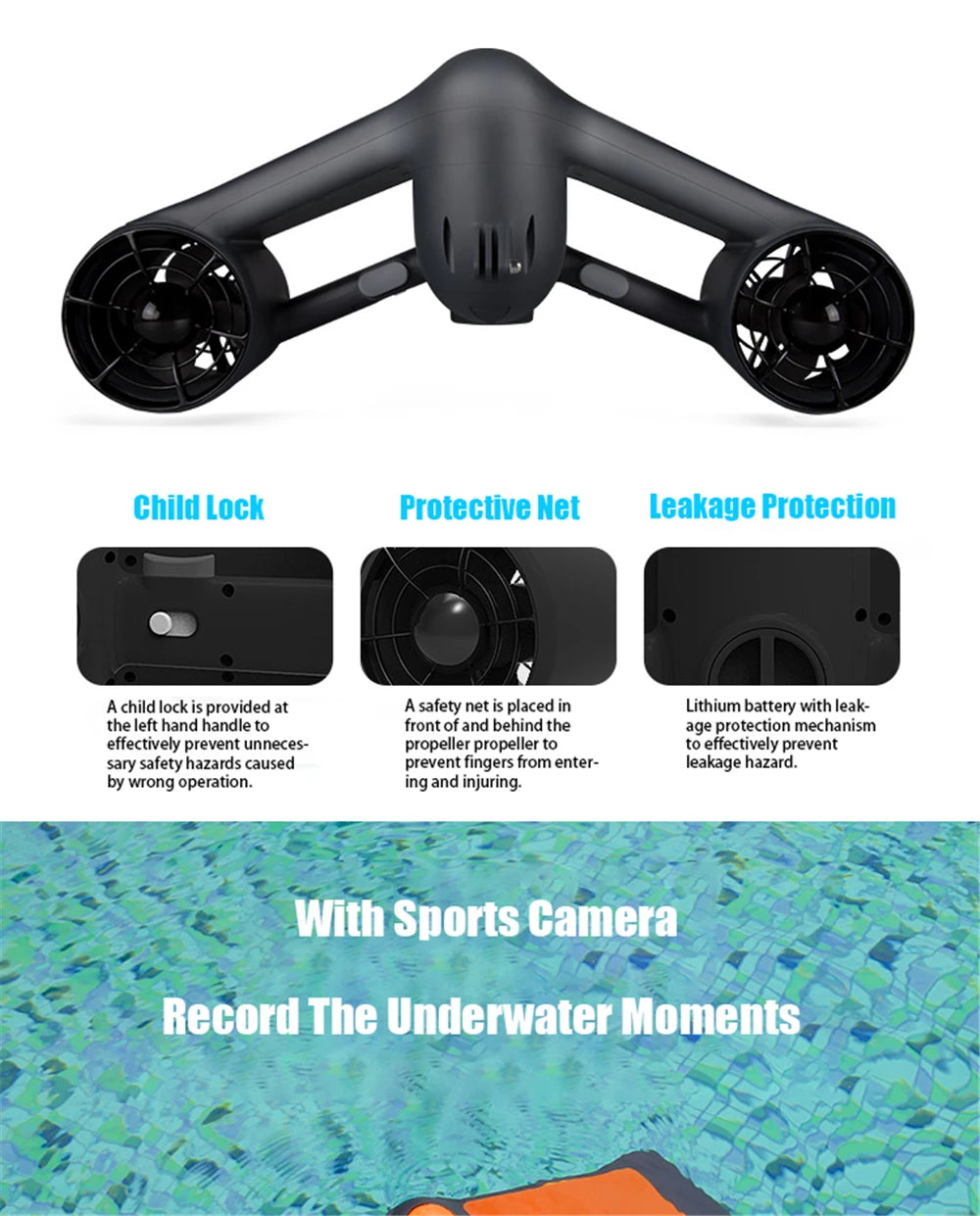 Underwater Sea Scooter 500W Electric Water Toys 1.8m/s Diving Scooter 60Mins Underwater Motor for Kids Adults Swimming Pool