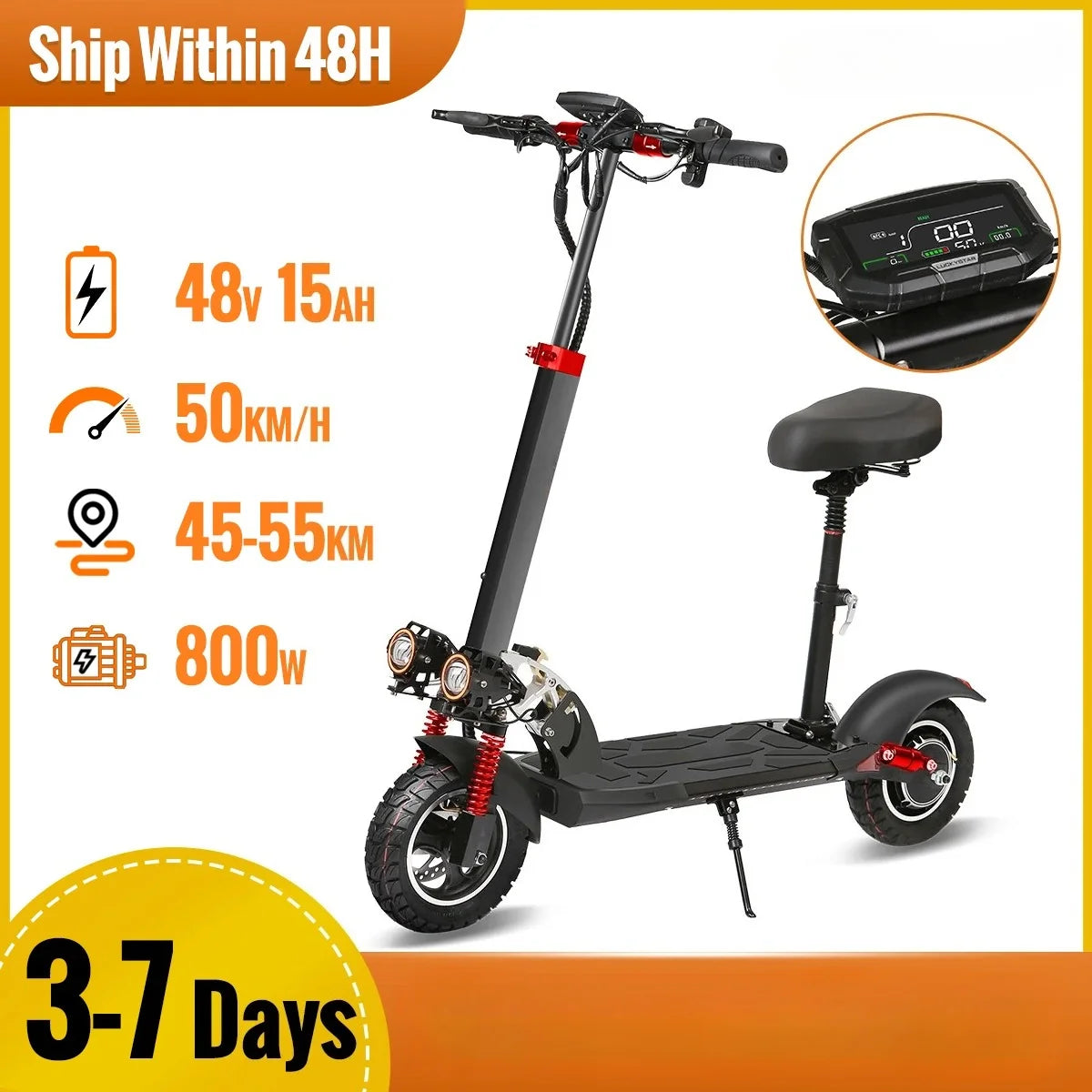 10'' Tires Dual Shock Absorbing Folding EScooter 800W Powerful Electric Scooter 48V 15Ah Max Speed 50km/h 50km Range for Adults