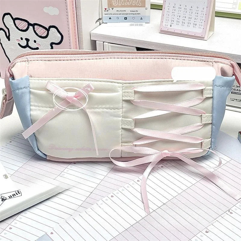 Sweet Korean Pink Color Pencil Case for Girl Creative Design Simplicity Stationery Bag Large Capacity Pen Bag Student Supplies