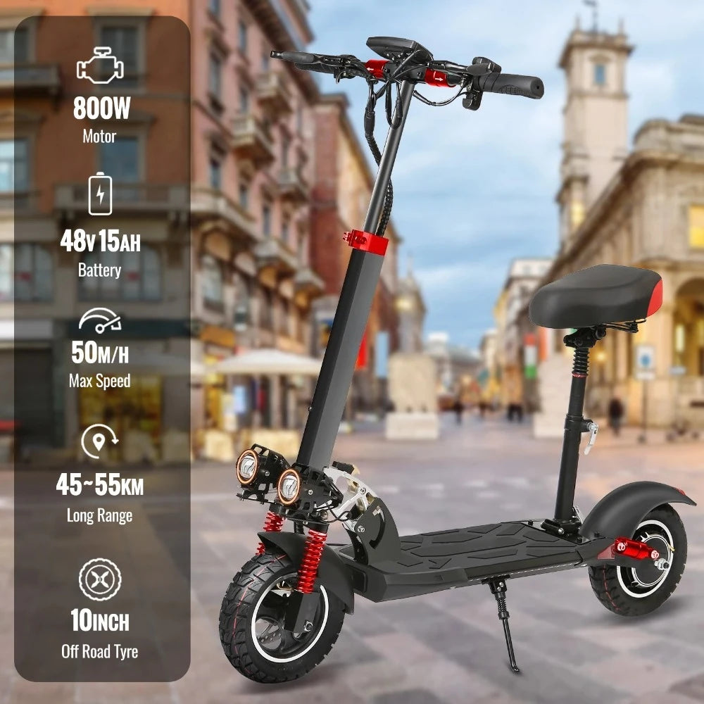 10'' Tires Dual Shock Absorbing Folding EScooter 800W Powerful Electric Scooter 48V 15Ah Max Speed 50km/h 50km Range for Adults