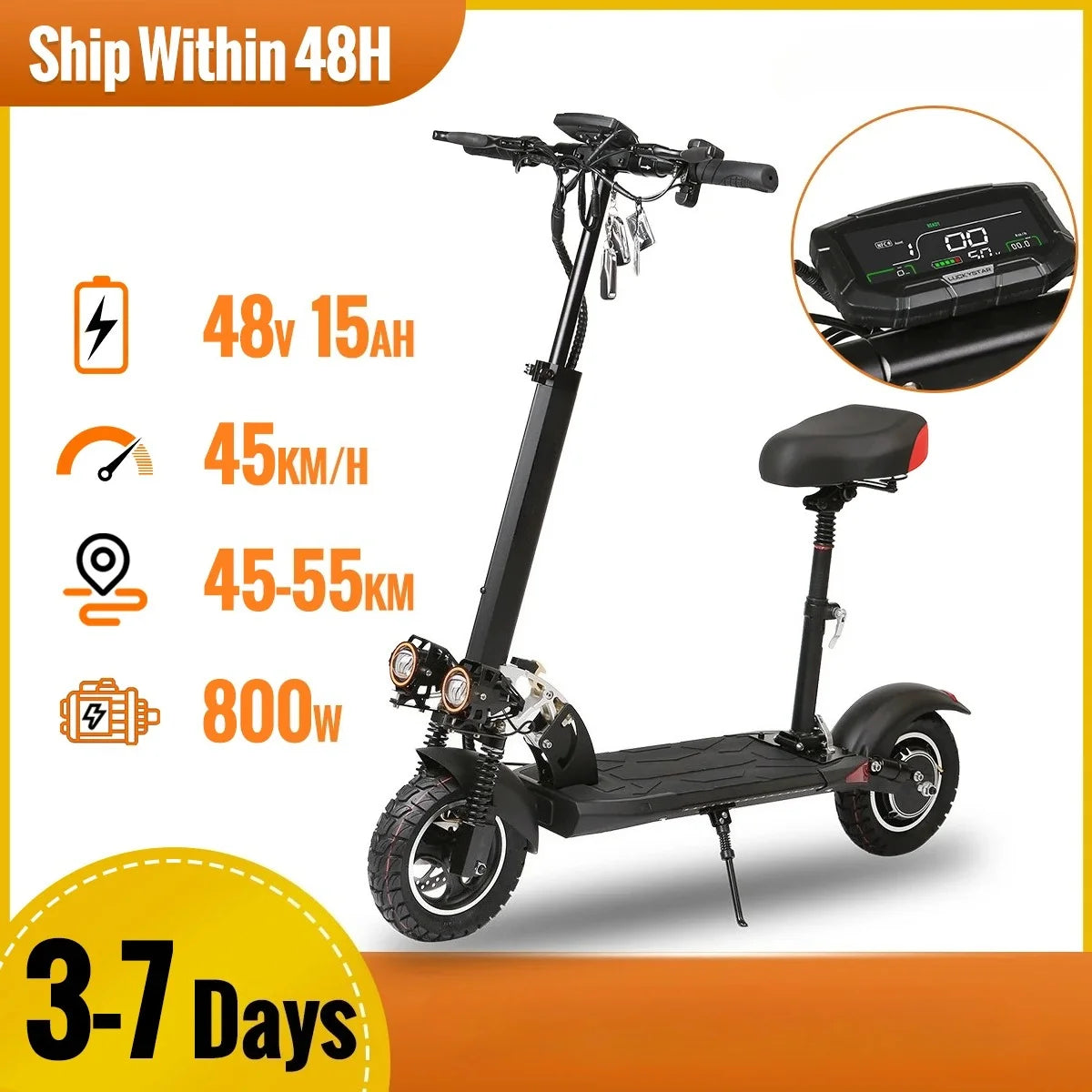 10'' Tires Dual Shock Absorbing Folding EScooter 800W Powerful Electric Scooter 48V 15Ah Max Speed 50km/h 50km Range for Adults