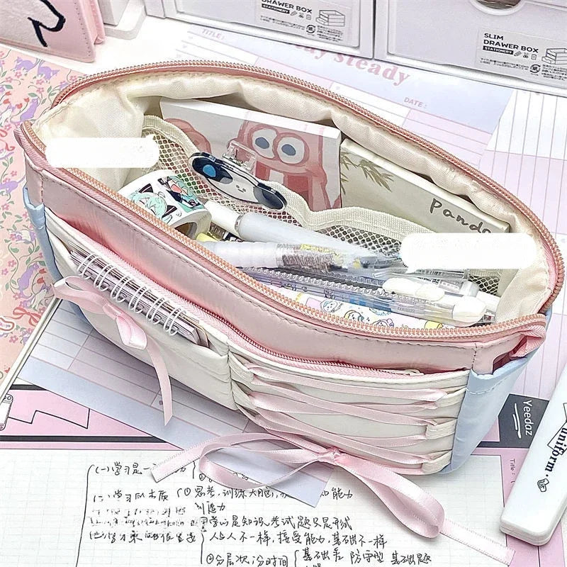 Sweet Korean Pink Color Pencil Case for Girl Creative Design Simplicity Stationery Bag Large Capacity Pen Bag Student Supplies
