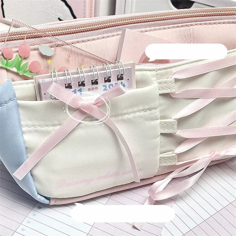 Sweet Korean Pink Color Pencil Case for Girl Creative Design Simplicity Stationery Bag Large Capacity Pen Bag Student Supplies
