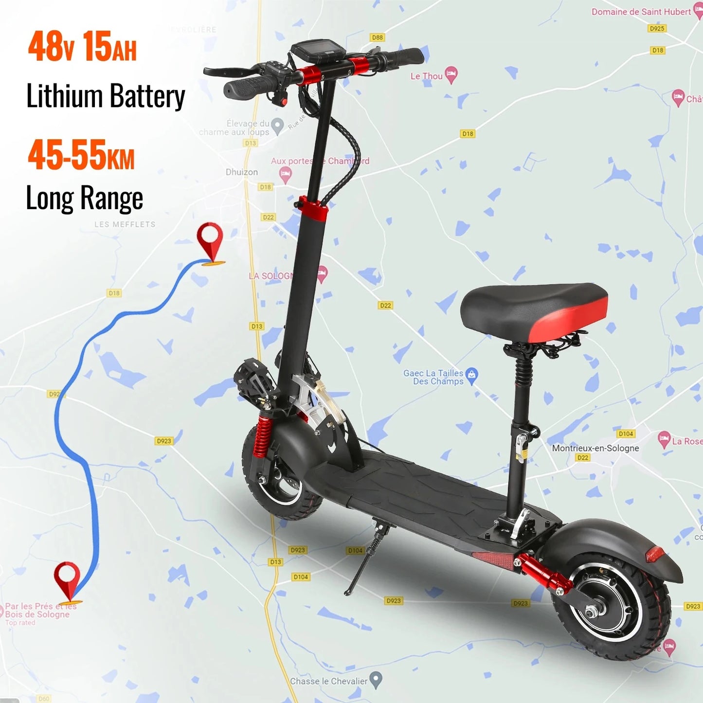 10'' Tires Dual Shock Absorbing Folding EScooter 800W Powerful Electric Scooter 48V 15Ah Max Speed 50km/h 50km Range for Adults