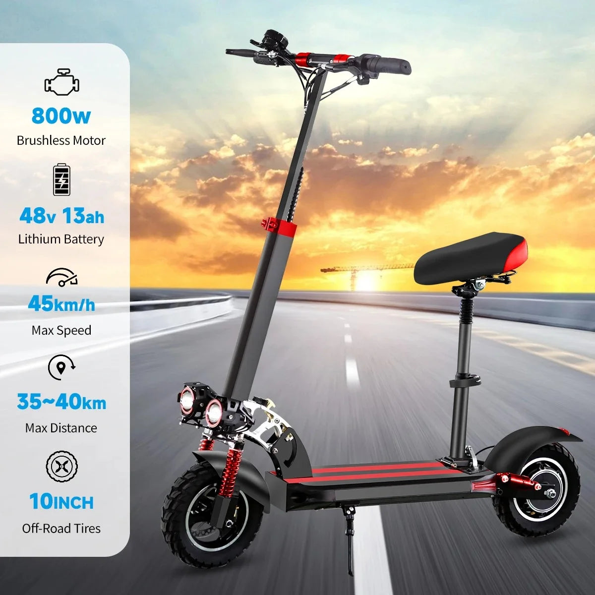 10'' Tires Dual Shock Absorbing Folding EScooter 800W Powerful Electric Scooter 48V 15Ah Max Speed 50km/h 50km Range for Adults