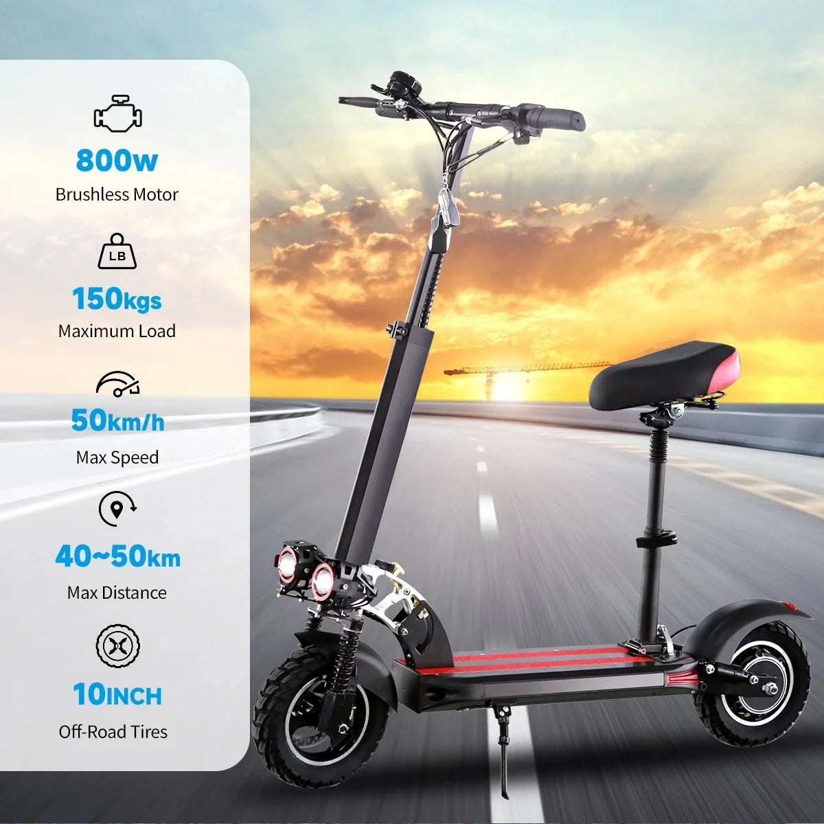 10'' Tires Dual Shock Absorbing Folding EScooter 800W Powerful Electric Scooter 48V 15Ah Max Speed 50km/h 50km Range for Adults