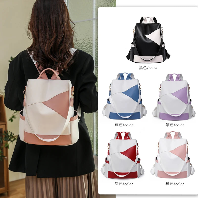 Women's Backpack Fashion Girls School Bag Colorblock Design HighQuality Waterproof Soft Leather Casual Simple Female Travel Bag